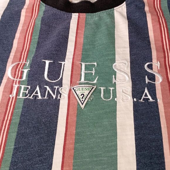 Guess Jeans Shirt Mens Medium Spellout Colorblock Retro Style Striped Tee FLAWS - Picture 3 of 15